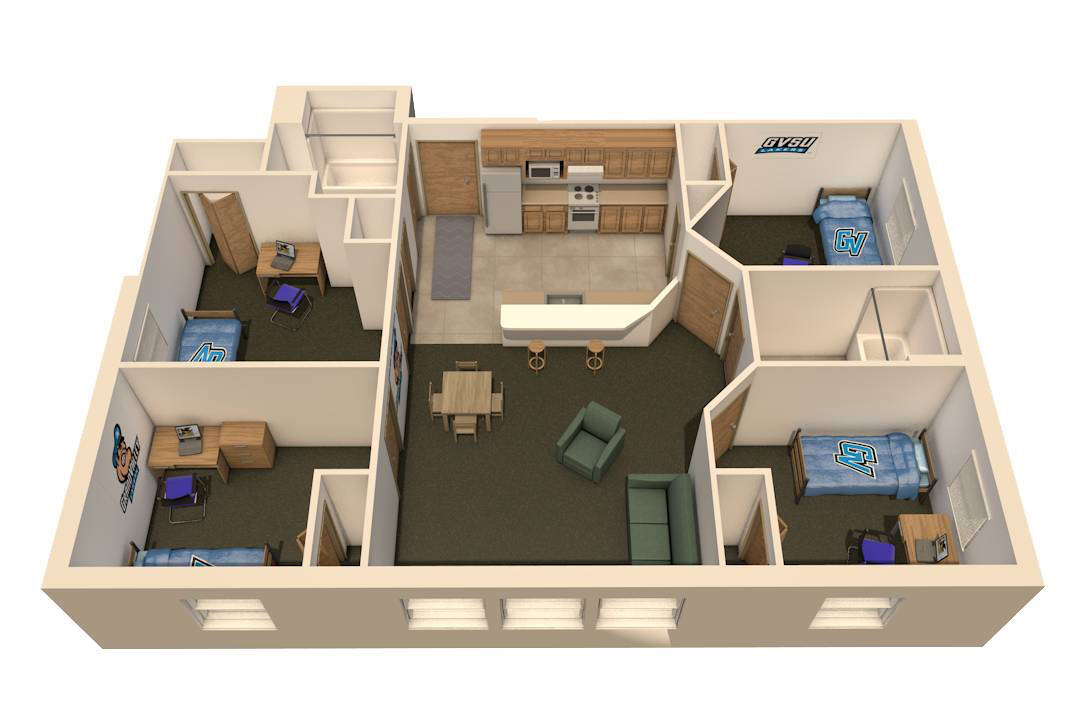 4-Bedroom/4-Person Apartment layout with four bedrooms, a kitchen, bathroom, and living area.